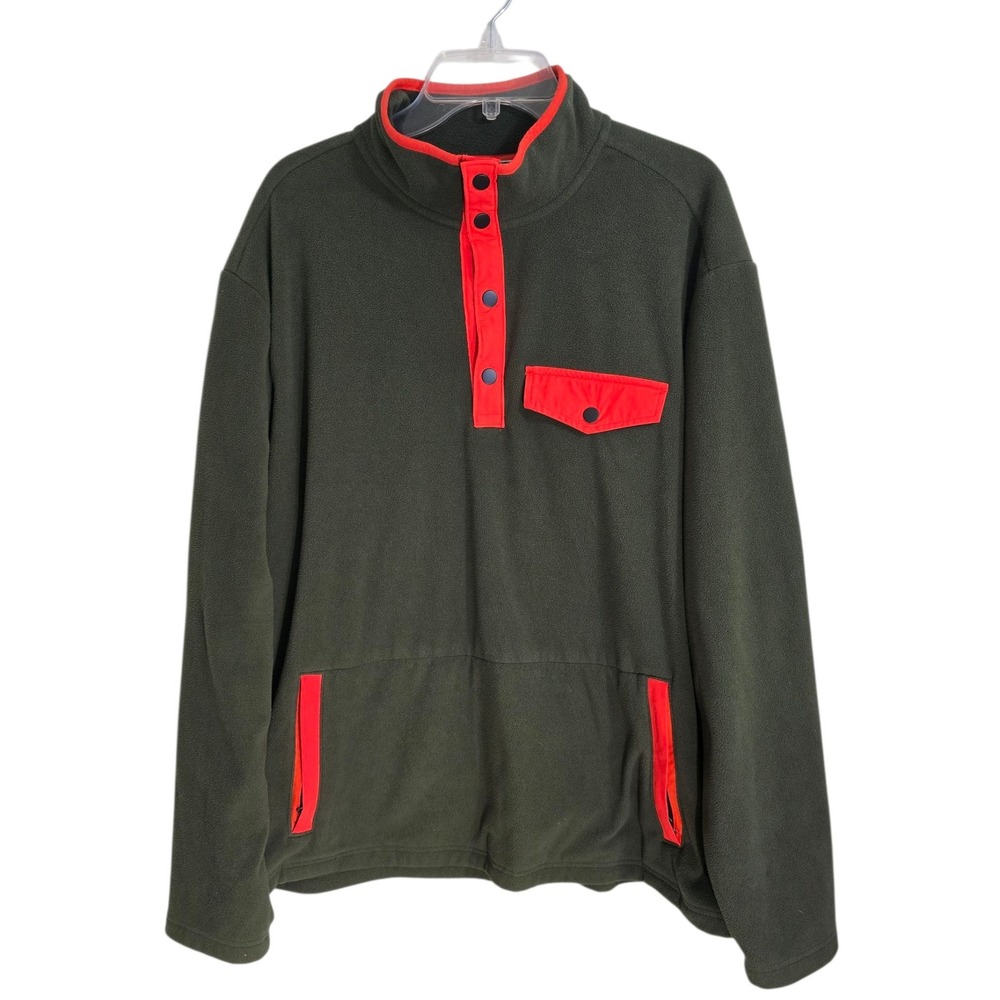 Duluth Trading Co Fleece Snap Mock Pullover Jacket Green Orange‎ XL Relaxed Fit